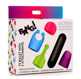 Bang! Rechargeable Bullet Vibrator with 4 Glow-in-the-Dark Attachments – Pink, Green, Blue, and Purple, Waterproof Silicone, 7 Vibration Patterns BULLETS